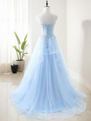 A-Line/Princess Sweetheart Sweep Train Tulle Prom Dresses With Appliques Lace