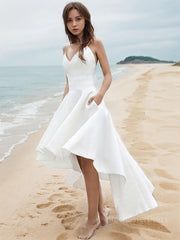 A-Line/Princess V-neck Asymmetrical Satin Wedding Dresses