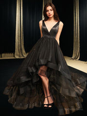 A-Line/Princess V-neck Asymmetrical Tulle Prom Dresses With Beading