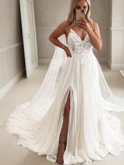 A-Line/Princess V-neck Chapel Train Chiffon Wedding Dresses With Leg Slit