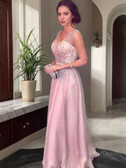 A-Line/Princess V-neck Floor-Length Chiffon Prom Dresses With Beading