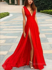 A-Line/Princess V-neck Floor-Length Chiffon Prom Dresses With Leg Slit