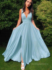 A-Line/Princess V-neck Floor-Length Jersey Prom Dresses With Leg Slit