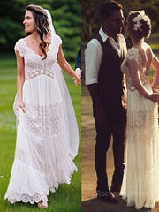 A-Line/Princess V-neck Floor-Length Lace Wedding Dresses