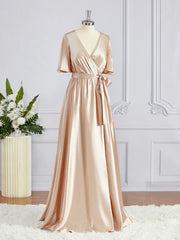 A-Line/Princess V-neck Floor-Length Silk like Satin Bridesmaid Dresses with Belt/Sash