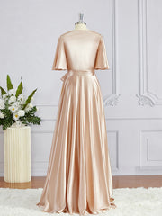 A-Line/Princess V-neck Floor-Length Silk like Satin Bridesmaid Dresses with Belt/Sash