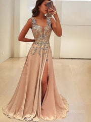 A-Line/Princess V-neck Floor-Length Silk like Satin Evening Dresses With Leg Slit