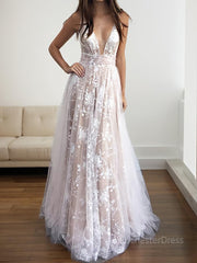 A-Line/Princess V-neck Floor-Length Tulle Evening Dresses With Appliques Lace