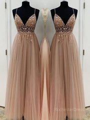 A-Line/Princess V-neck Floor-Length Tulle Prom Dresses With Beading