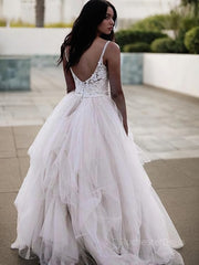 A-Line/Princess V-neck Floor-Length Tulle Wedding Dresses With Appliques Lace