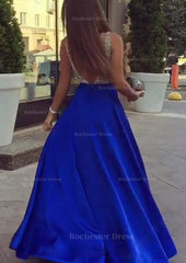 A Line Princess V Neck Sleeveless Long Floor Length Satin Prom Dresses With Sequins