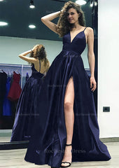 A Line Princess V Neck Sleeveless Sweep Train Satin Prom Dress With Split