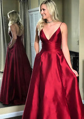 A Line Princess V Neck Sleeveless Sweep Train Satin Prom Dresses