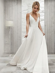 A-Line/Princess V-neck Sweep Train Charmeuse Wedding Dresses