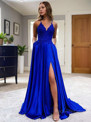 A-Line/Princess V-neck Sweep Train Elastic Woven Satin Prom Dresses With Pockets