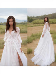 A-Line/Princess V-neck Sweep Train Lace Wedding Dresses With Leg Slit