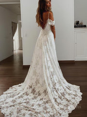 A-Line/Princess V-neck Sweep Train Lace Wedding Dresses With Leg Slit