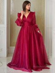 A-Line/Princess V-neck Sweep Train Organza Evening Dresses With Ruffles