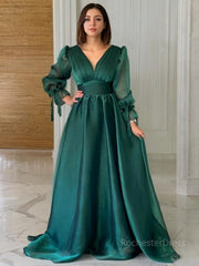 A-Line/Princess V-neck Sweep Train Organza Evening Dresses With Ruffles