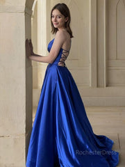 A-Line/Princess V-neck Sweep Train Satin Prom Dresses With Pockets