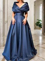 A-Line/Princess V-neck Sweep Train Satin Prom Dresses With Ruffles