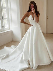 A-Line/Princess V-neck Sweep Train Satin Wedding Dresses