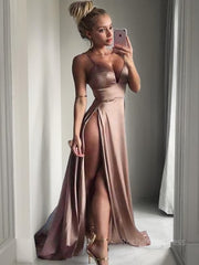 A-Line/Princess V-neck Sweep Train Silk like Satin Prom Dresses With Leg Slit