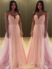 A-Line/Princess V-neck Sweep Train Tulle Prom Dresses