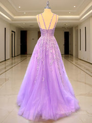 A-Line/Princess V-neck Sweep Train Tulle Prom Dresses With Appliques Lace