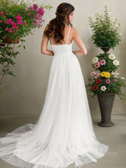 A-Line/Princess V-neck Sweep Train Tulle Wedding Dresses