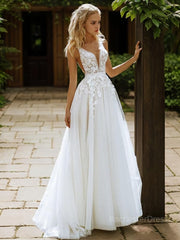 A-Line/Princess V-neck Sweep Train Tulle Wedding Dresses