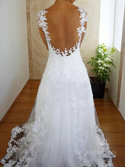 A-Line/Princess V-neck Sweep Train Tulle Wedding Dresses With Appliques Lace