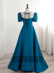 A-Line Satin Blue Long Prom Dress, Blue Long Formal Evening Dresses