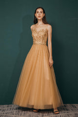 A-Line Scoop Neckline Sheer Appliques Beaded Ankle Length Prom Dresses