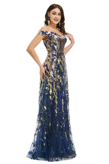 A Line Sequins Off the Shoulder Long Prom Dresses