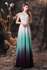 A Line Sleeveless Appliques Ombre Silk Like Satin Floor Length Prom Dresses