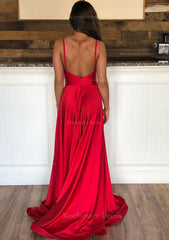 A Line Sleeveless Court Train Satin Prom Dress With Pleated Split