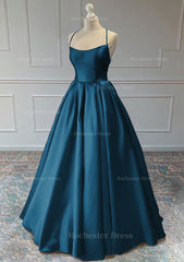 A Line Sleeveless Square Neckline Long Floor Length Satin Prom Dress