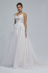 A-Line Spaghetti Strap Sweetheart Tulle Applique Floor-Length Sleeveless Wedding Dresses