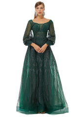 A-Line Square Neckline Sequined Floor-Length Long Sleeve Open Back Appliques Lace Prom Dresses