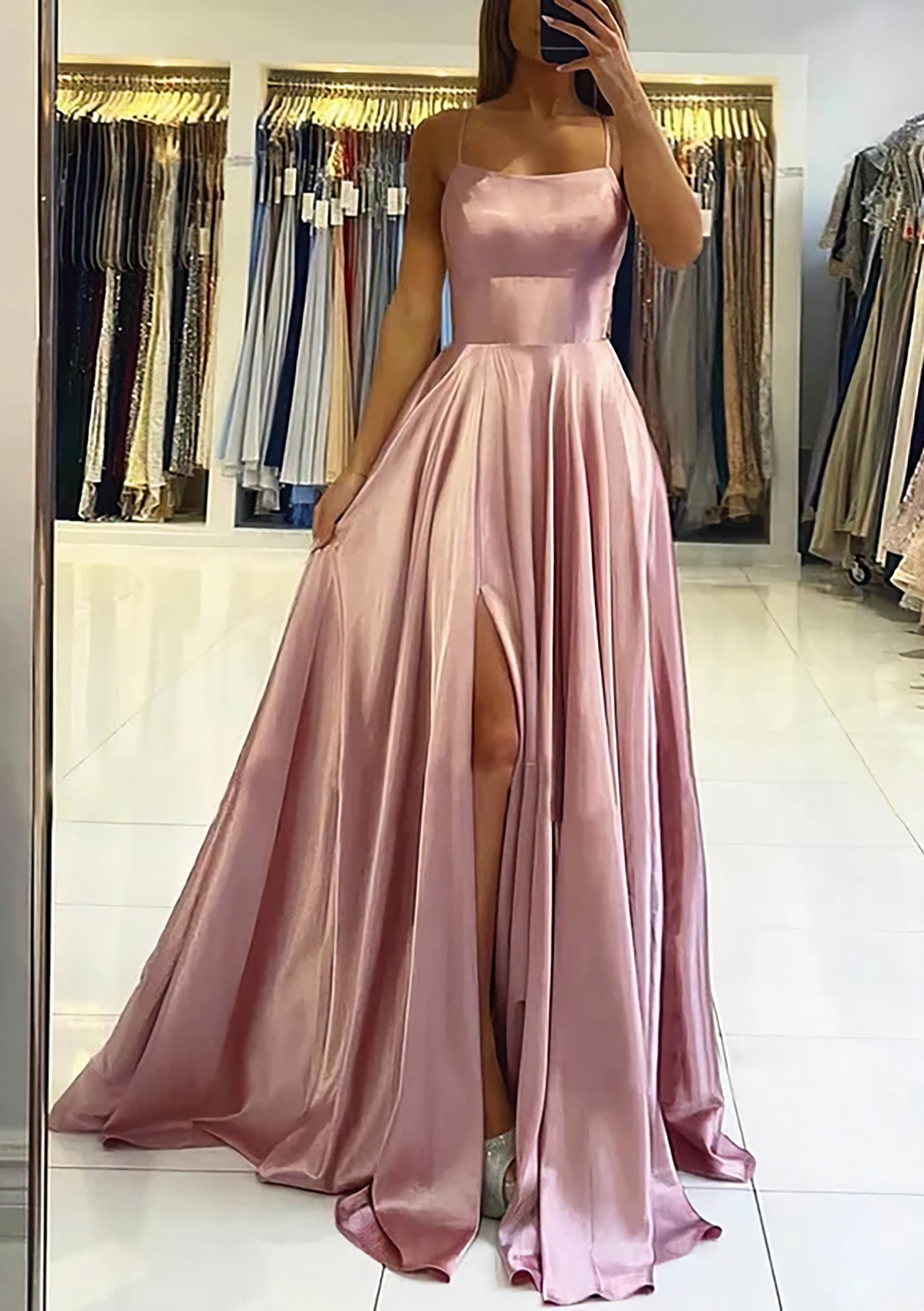 A Line Square Neckline Sleeveless Satin Sweep Train Prom Dress With Pleated