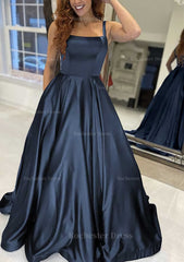 A Line Square Neckline Sleeveless Sweep Train Satin Prom Dress With Pockets