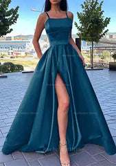 A Line Square Neckline Spaghetti Straps Long Floor Length Satin Prom Dress With Split Pockets