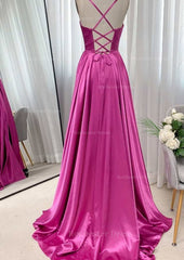 A Line Square Neckline Spaghetti Straps Sweep Train Charmeuse Prom Dress With Pleated