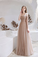 A-Line Strapless Off The Shoulder Lace Up Beading Tulle Long Prom Dresses