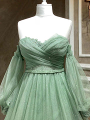 A-Line Sweetheart Neck Tulle Green Long Prom Dress, Green Formal Evening Dress