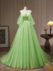 A-Line Sweetheart Neck Tulle Green Long Prom Dress, Green Tulle Long Evening Dress