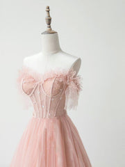 A-Line Sweetheart Neck Tulle Lace Pink Long Prom Dress, Pink Formal Dress