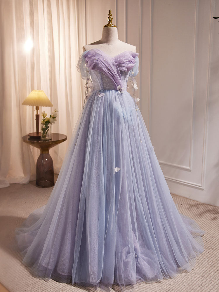 A-Line Sweetheart Neck Tulle Purple Long Prom Dress, Purple Formal Dress