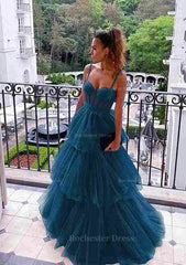 A Line Sweetheart Sleeveless Long Floor Length Tulle Prom Dress With Ruffles